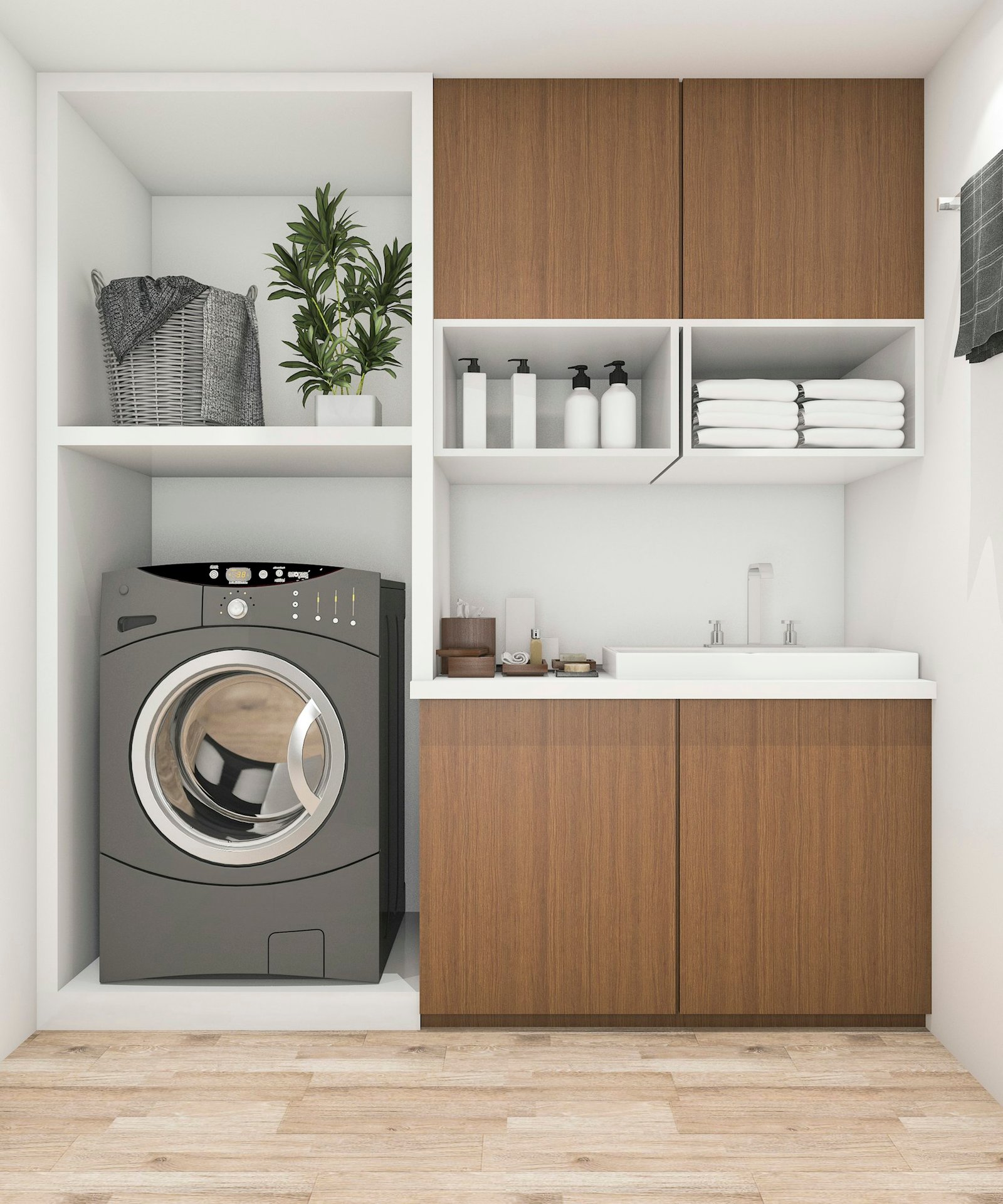 3d rendering wood laundry room with washing machine